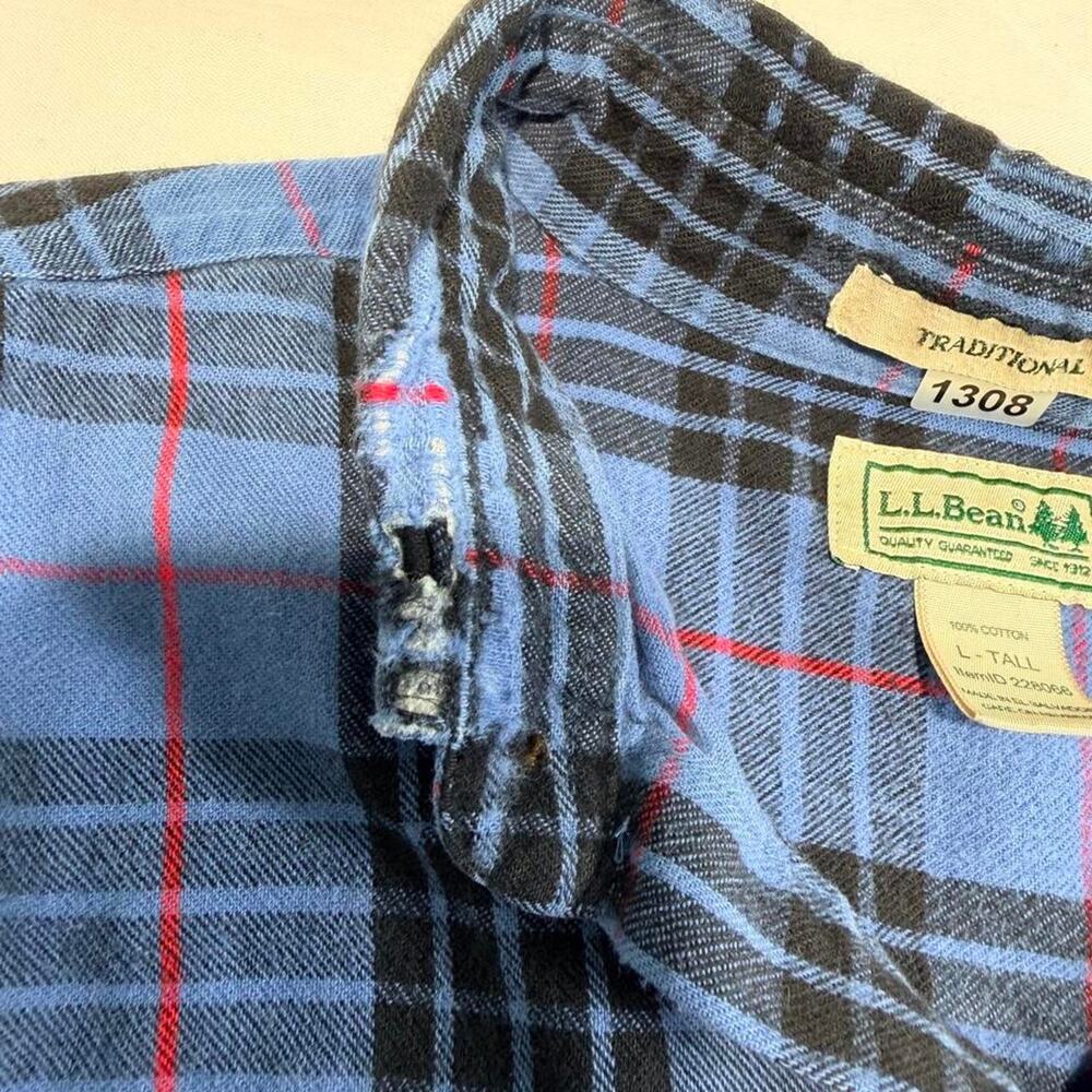 L.L.Bean Flannel Shirt Mens L-TALL Blue Black Red Plaid Traditional Fit - Picture 6 of 6